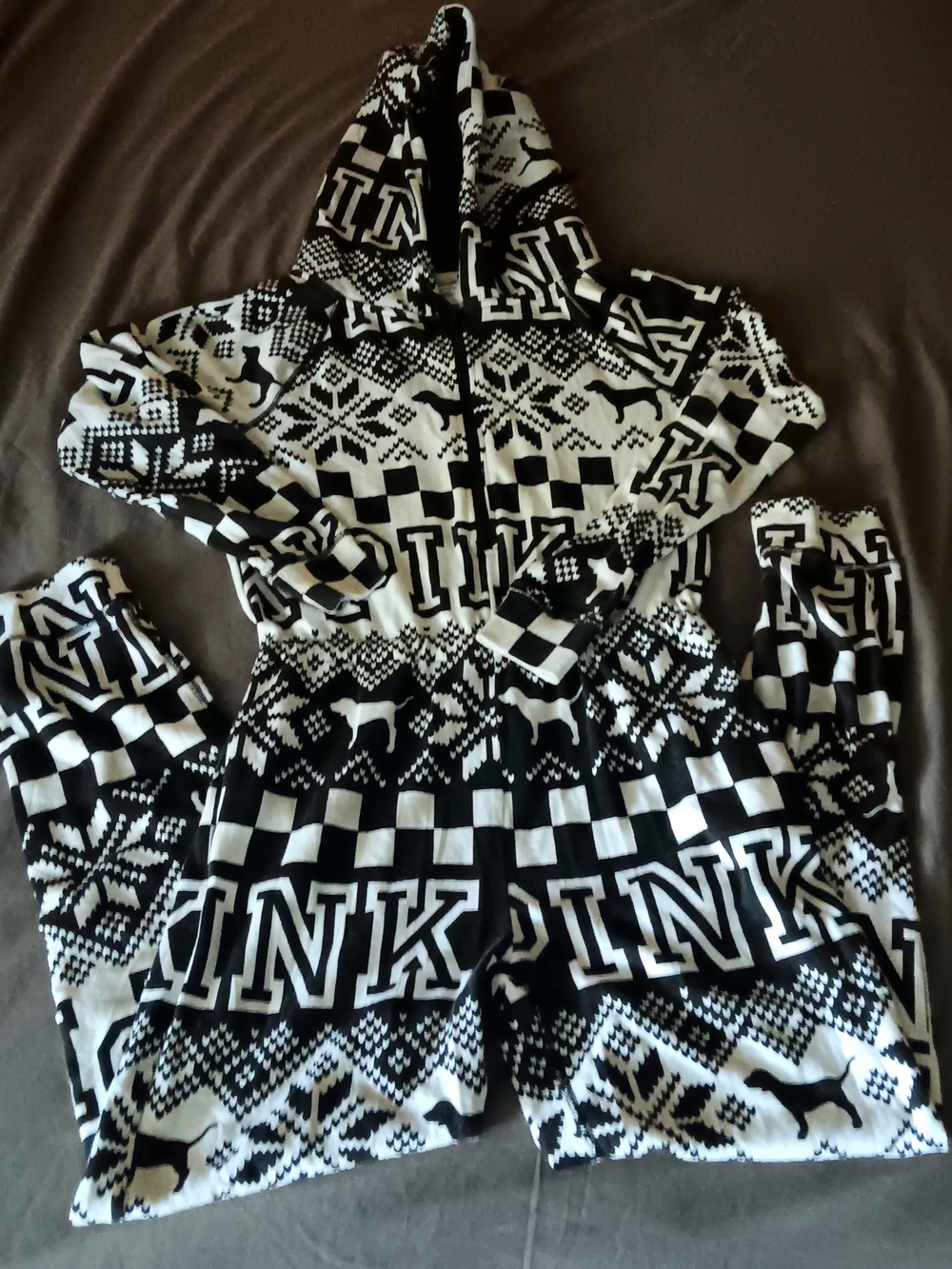 PINK Victoria's Secret Black and White Hooded One-Piece Jumpsuit